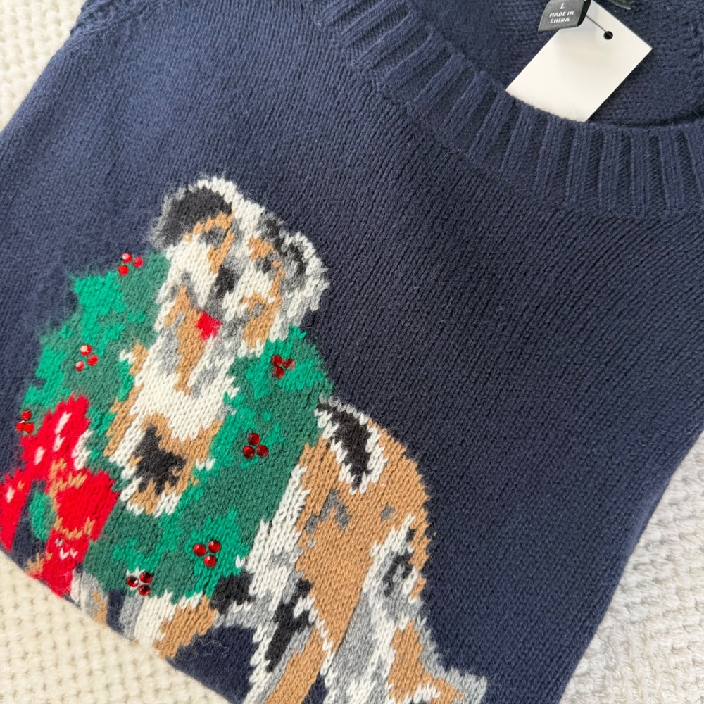Talbots Navy Blue Australian Shepherd Dog Wreath Christmas Sweater Large NWT